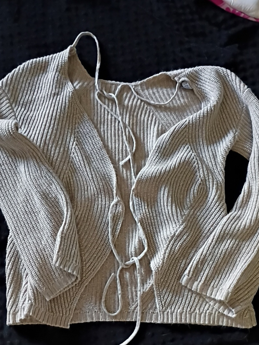 Tobi Cream Ribbed Tie-Front Cardigan Sweater